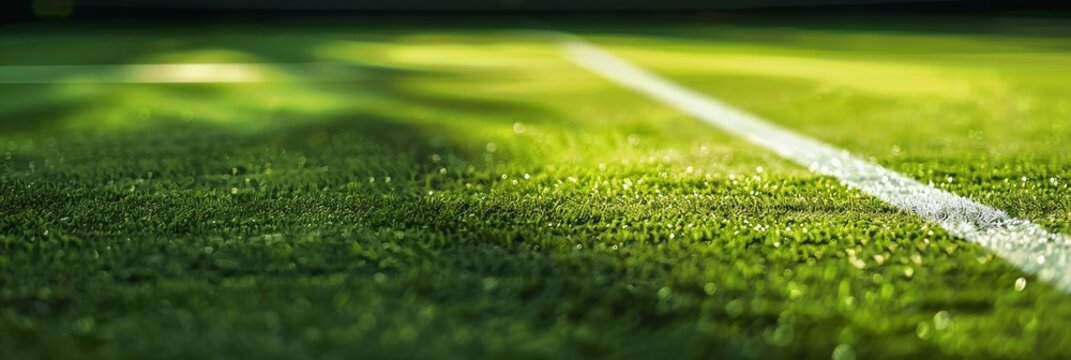 Vibrant green artificial turf of a sports field illuminated by sunlight, with a crisp white boundary line cutting across, showcasing texture and precision.