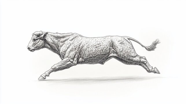 A muscular, charging bull sketch in grayscale, rendered with fine details, isolated on white