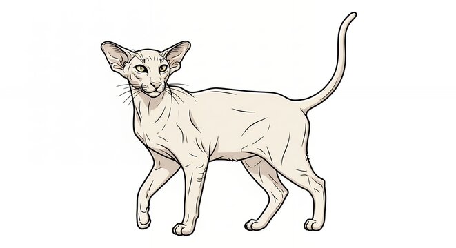 Minimalist Illustration of an Oriental Shorthair Cat Walking with Elegant Pose Isolated on Pure White Background