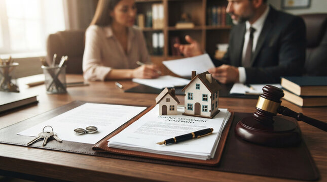 Small house models and wedding rings sit on a legal divorce settlement agreement at law office