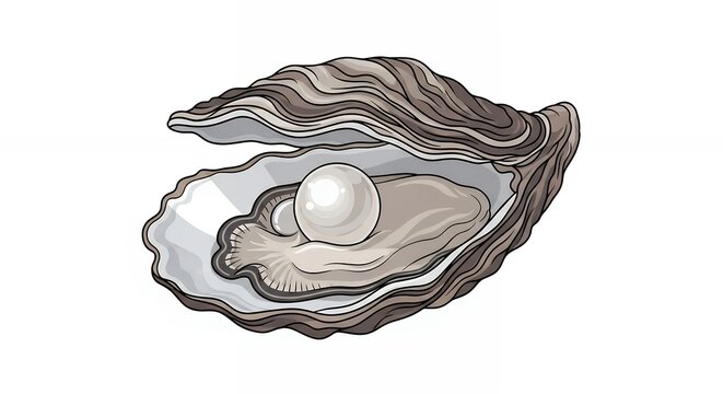 Elegant open oyster shell with a shiny round white pearl inside for seafood and jewelry design concepts.