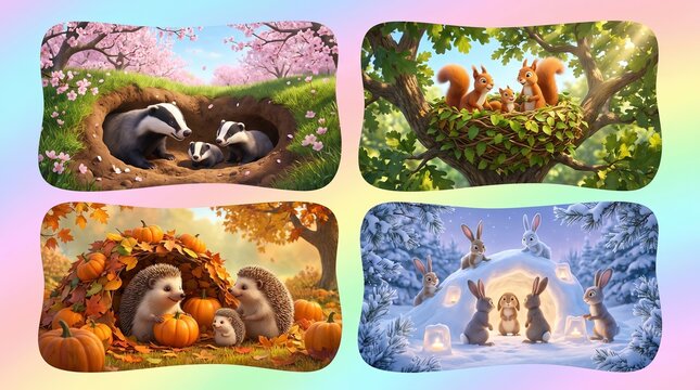 Animal Home Construction in Four Seasons, Seasonal Adventures of Cute Animals in Nature