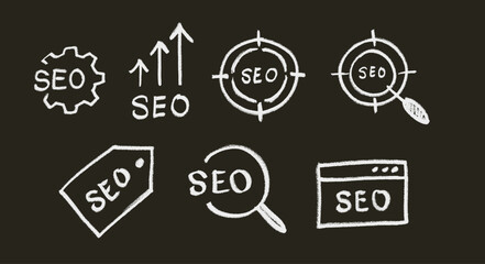 Search Engine Optimization SEO Icons Crayon Chalk Drawing Doodle Vector Set © Grunge Designs