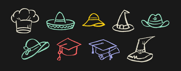 Hat Drawings Crayon Chalk Vector Set © Grunge Designs