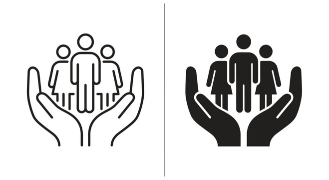 Black and white icon of a group of people standing safely inside of two protective cupped hands representing care