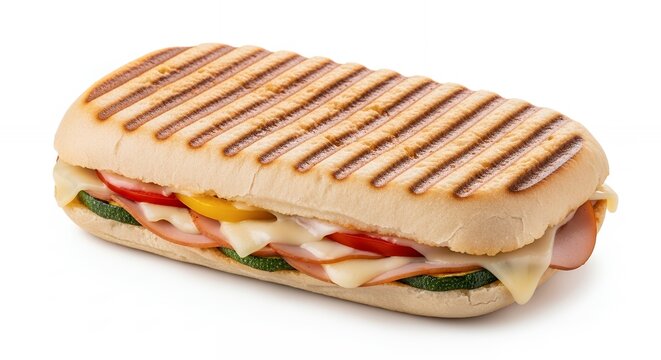 Gourmet Toasted Panini Sandwich with Ham Melted Cheese Slices Tomato and Grilled Zucchini on White Background.