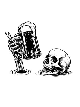 Skeleton Hand Holding Beer Mug with Skull Vintage Black and White Tattoo Style Illustration