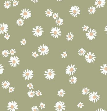 Minimal ditsy floral seamless pattern with white daisies on a soft sage green background. Ideal for fabric, wallpaper, nursery decor, and stationery design.