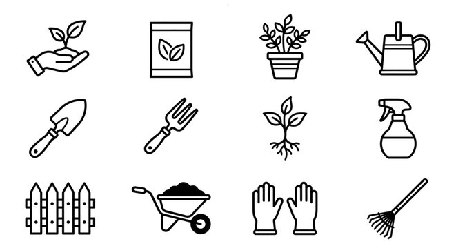 Set of black and white garden icons featuring tools and outdoor equipment for landscaping and yard maintenance tasks