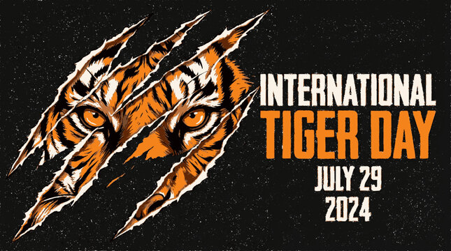 International tiger day commemorative graphic illustration featuring fierce predator eyes behind ripped texture effect design elements