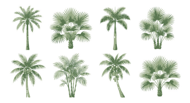Set of eight hand drawn watercolor palm trees with lush green leaves and tropical fruits in a summer garden collection