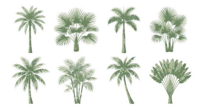 Set of eight different tropical palm trees collection with green leaves isolated for garden and landscape design projects