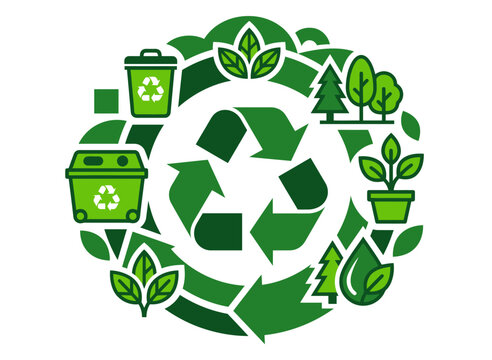 Green circular recycle symbol badge with small nature and ecology icons for environmental awareness and sustainability
