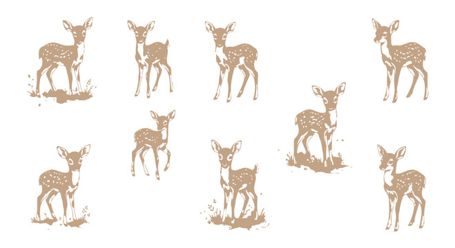 Set of cute little baby deer characters standing in various poses illustrated in a soft and artistic watercolor style