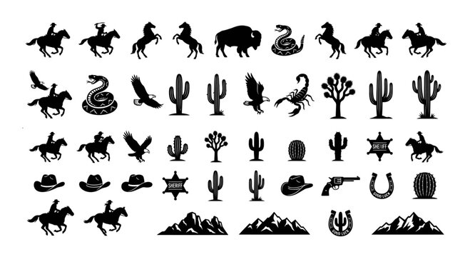 Set of black wild west vector icons featuring cowboys horses cacti and desert symbols for graphic design projects