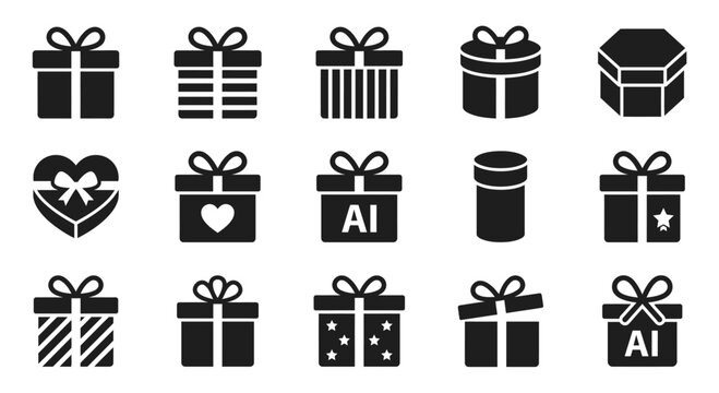 Set of simple black gift box icons with ribbons and bows for birthday celebration or holiday shopping web design