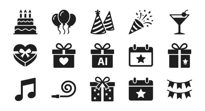 Set of simple black party icons including birthday cake gift boxes celebration fireworks and music note symbols