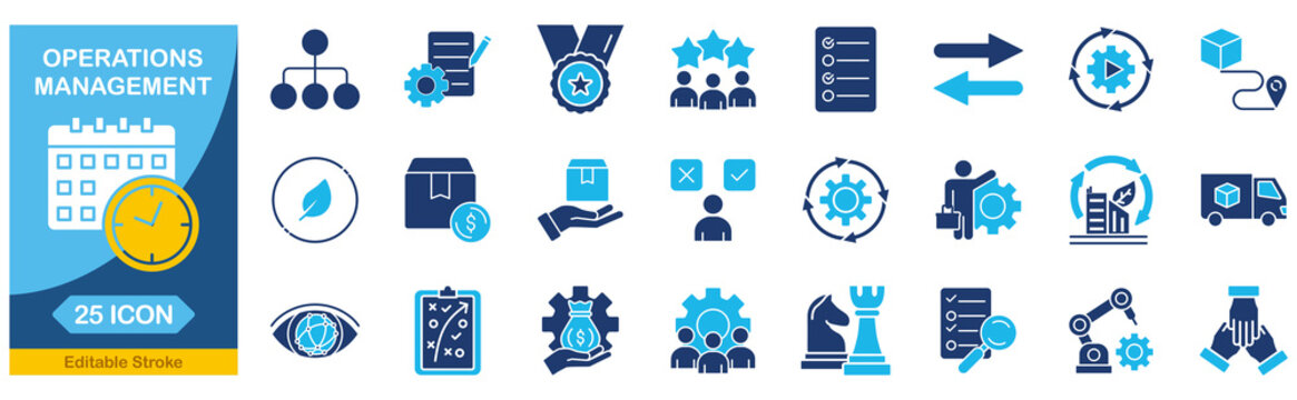 Operations management icon set collection in Blue Monochrome Flat Design. Editable stroke Vector illustration