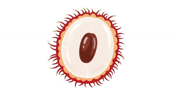 Fresh Tropical Rambutan Fruit Half with Red Hairy Skin and White Flesh Cross Section on White Background