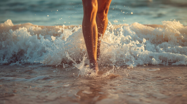 Running legs splashing through shallow ocean surf with golden light