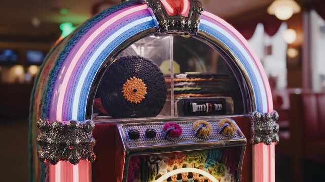 Knitted Retro Jukebox Covered in Colorful Yarn Argyle and Crochet Granny Squares with Neon Light