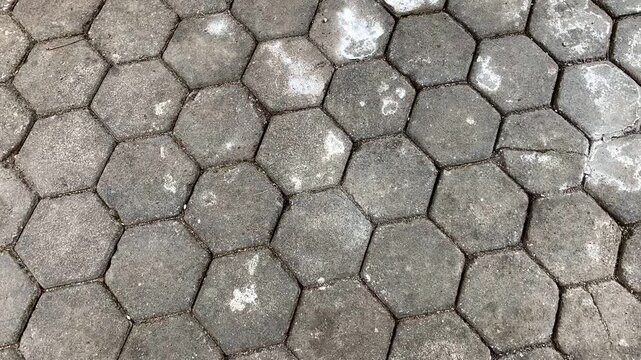 Hexagonal Paving Stones Texture: A close-up, overhead view of gray, hexagonal paving stones, showing their geometric pattern and weathered texture, perfect for background or design projects.