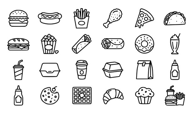 Fast Food and Beverage Outline Icon Collection with Burger, Pizza, Fries and Coffee Items
