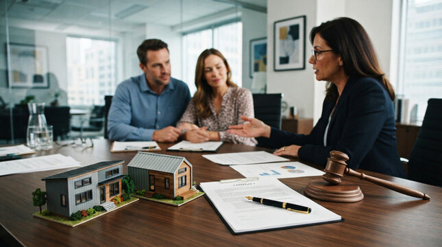 Professional lawyer discusses property purchase contract details with a couple in a modern office meeting room