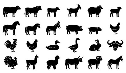Farm Animal Black Silhouettes Collection with Cattle, Goats, Sheep, Birds and Livestock Icons © Sukumary