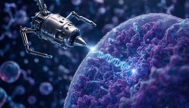 Nanobot delivering crispr cas9 gene editing tools directly to a target cell nucleus by navigating the cytoplasm crossing the nuclear membrane and releasing its genetic payload