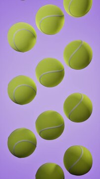 Tennis balls in mid-air on purple background. 3d rendering