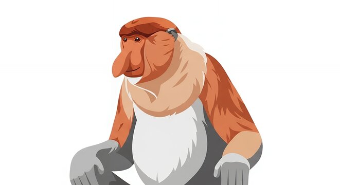 Artistic Illustration of a Proboscis Monkey Featuring its Iconic Large Nose and Orange Fur on White Background