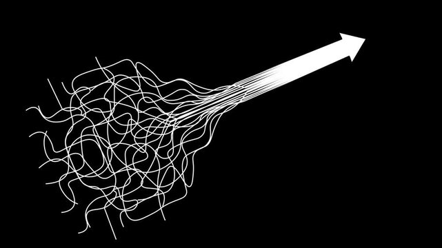 Tangled White Lines Transform From Chaos Into A Clear Upward Business Arrow Animation On A Black Background.