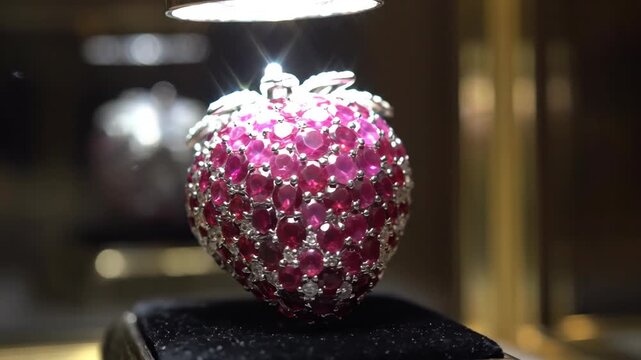 Macro View of a Strawberry Jewelry Piece Encrusted with Diamonds and Rubies Rotating on a Display Stand