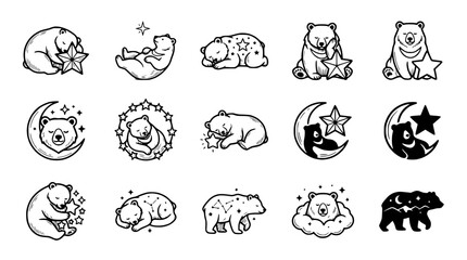 Cute hand-drawn bear illustrations sleeping, dreaming, stars, moon, night sky, constellation © Gereh