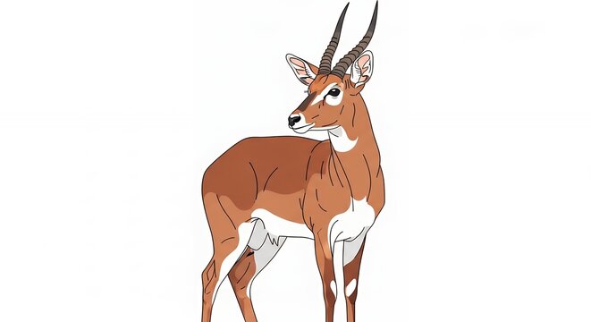 Hand drawn illustration of a brown antelope gazelle with long horns looking back over its shoulder on white background