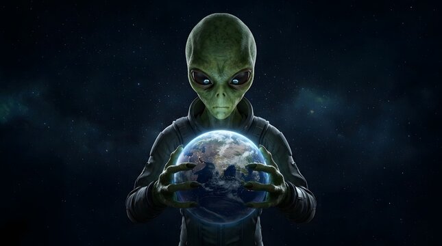 Green extraterrestrial alien creature holding the planet Earth in space illustration