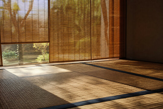 Sunlight filtering through bamboo blind sudare soft shadows summer Japanese