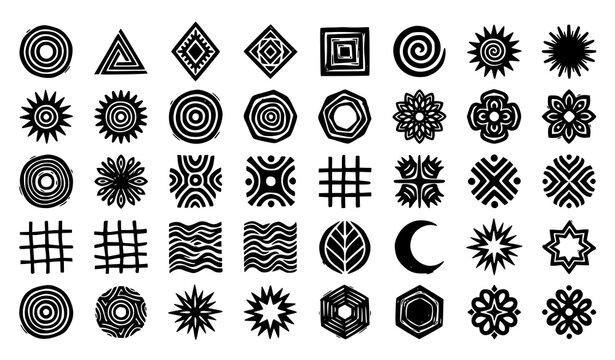Collection of hand drawn black and white geometric and tribal symbols