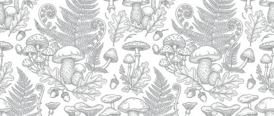 Forest botanical illustration seamless pattern with mushrooms and ferns © kretek