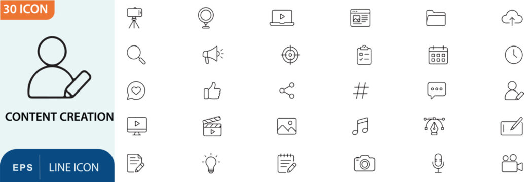 Content creation icon set vector graphics for digital marketing media