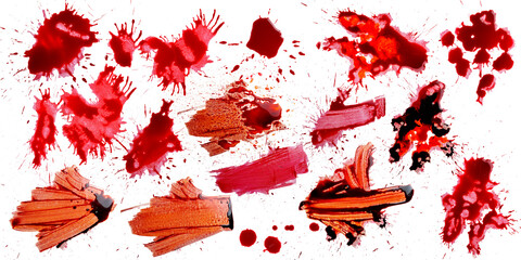 Naklejka na ściany i meble A collection of various red blood splatters, wet drops, brush strokes, and smears isolated on a solid black background, perfect for horror, forensic, or Halloween designs