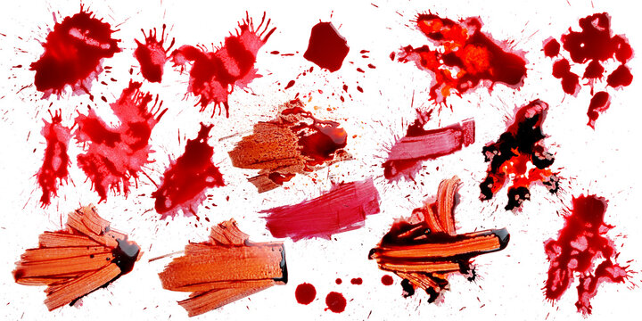 A collection of various red blood splatters, wet drops, brush strokes, and smears isolated on a solid black background, perfect for horror, forensic, or Halloween designs