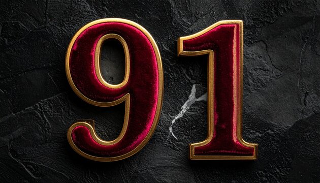 Elegant 3D Number 91 in Premium Red Velvet and Gold on Black Background