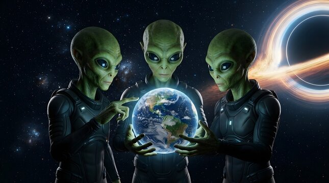 Three alien beings hold glowing Earth in hands observing its future in space, symbolizing extraterrestrial intelligence, planetary destiny, and the universe's mysteries