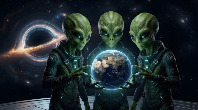 Three green aliens holding a glowing planet Earth hologram in deep space near a black hole