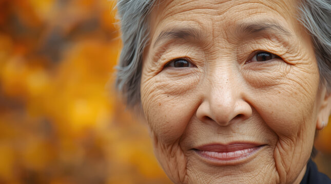 Elderly Asian woman close up portrait with warm autumn background