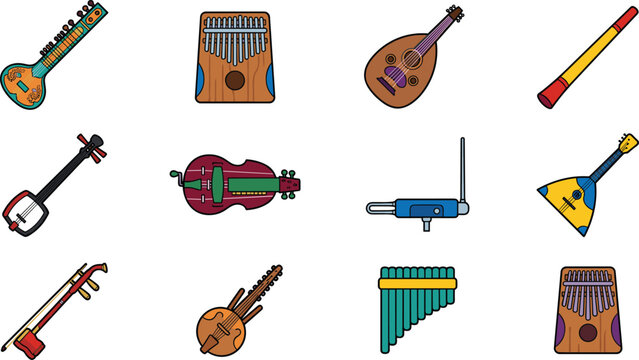 Traditional Folk and Rare World Music Instruments Icon Set Featuring Sitar, Kalimba, Oud, Shamisen, Balalaika, Hurdy Gurdy, Theremin, and Pan Flute Symbols