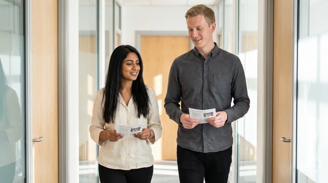 Generative AI, Two colleagues walking and reading a brochure in a modern office hallway