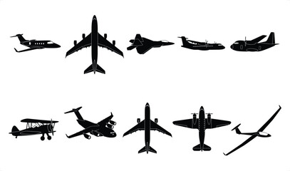 Diverse aircraft silhouettes in a clean vector illustration against a white background representing aviation concepts © Graphic Seller